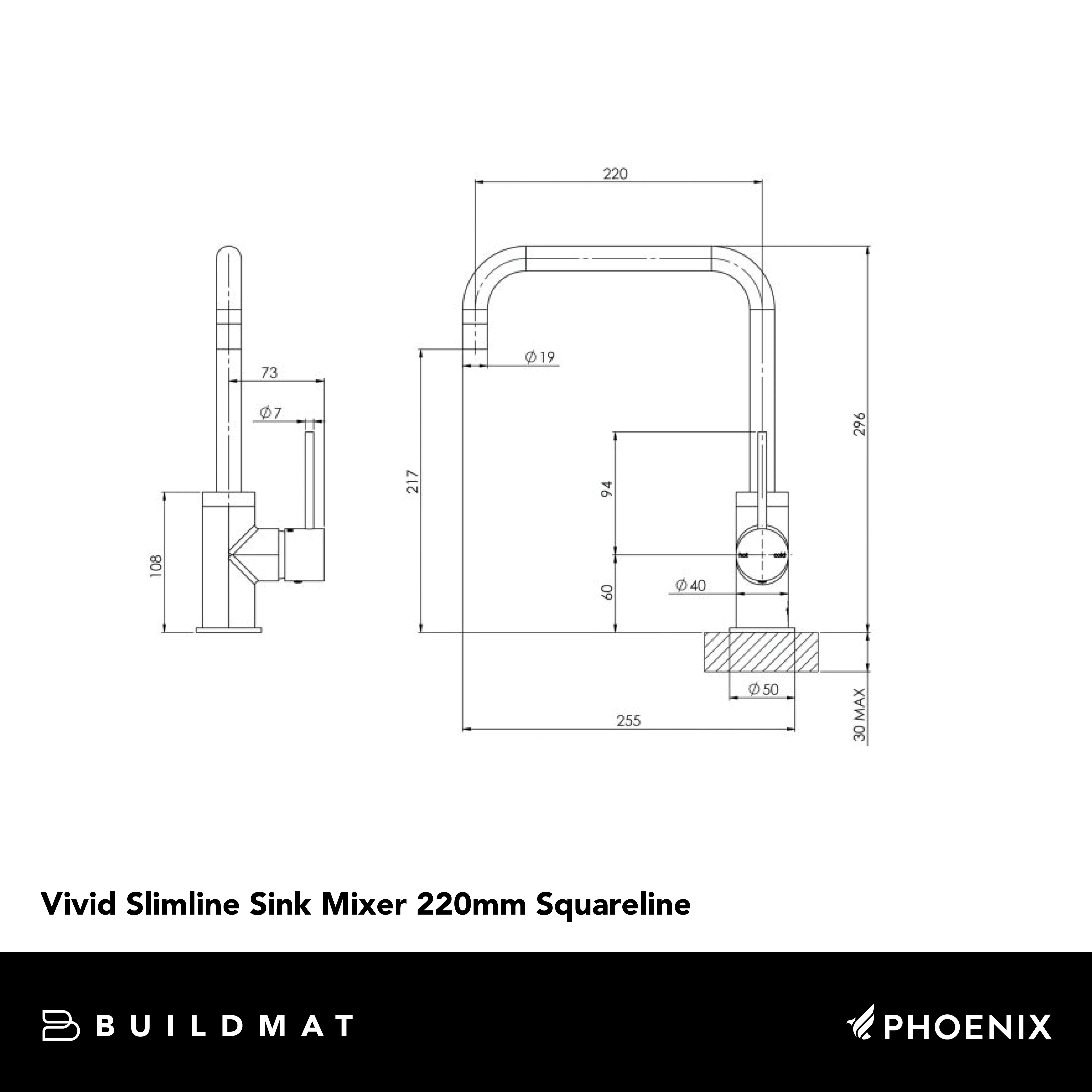Phoenix Vivid Slimline Sink Mixer 220mm Squareline Lead Free Chrome - Image 4