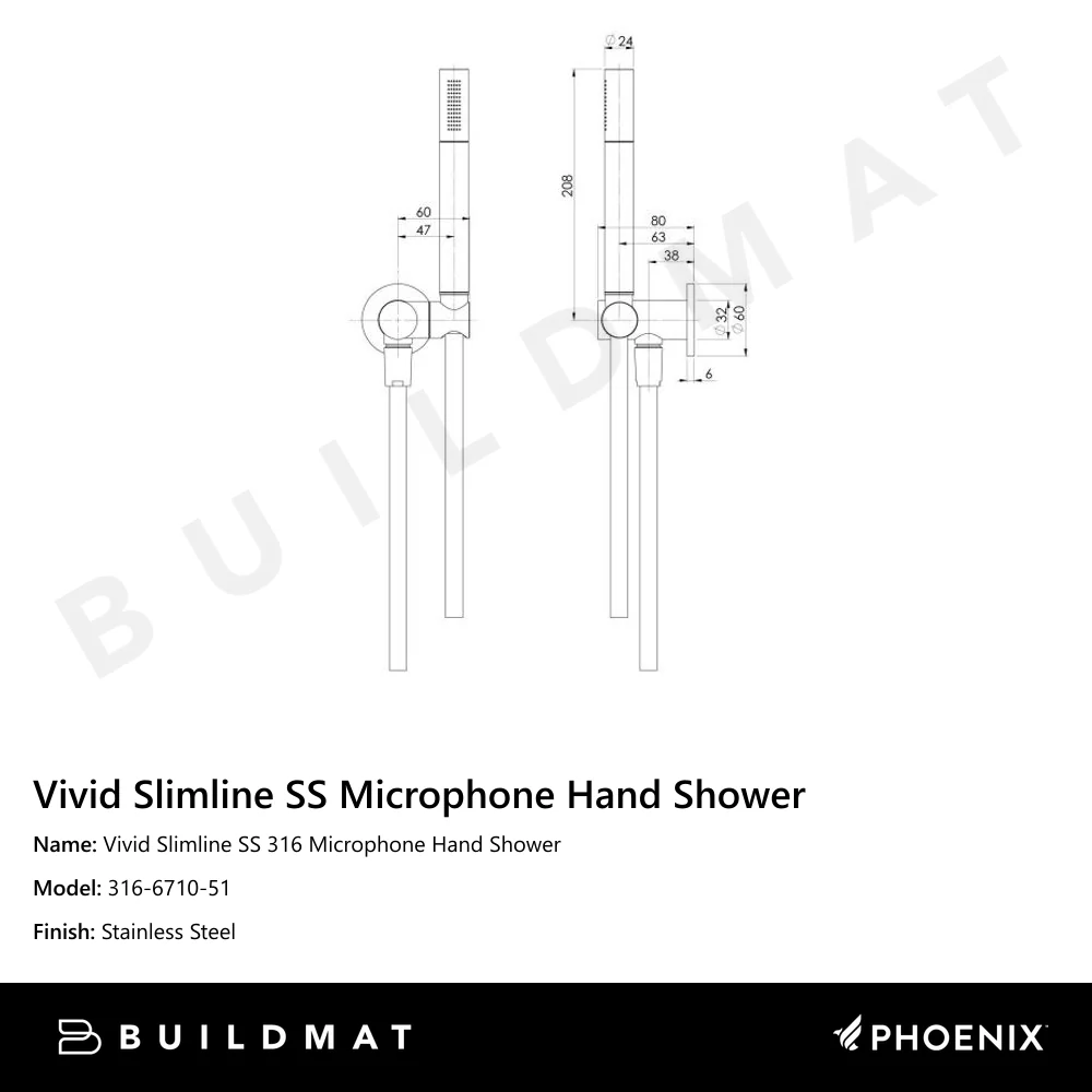Phoenix Vivid Slimline SS 316 Microphone Hand Shower Stainless Steel - Image 4