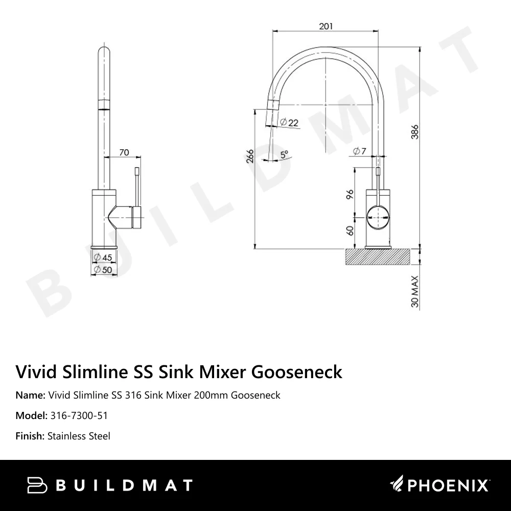 Phoenix Vivid Slimline SS 316 Sink Mixer 200mm Gooseneck Stainless Steel - Image 4