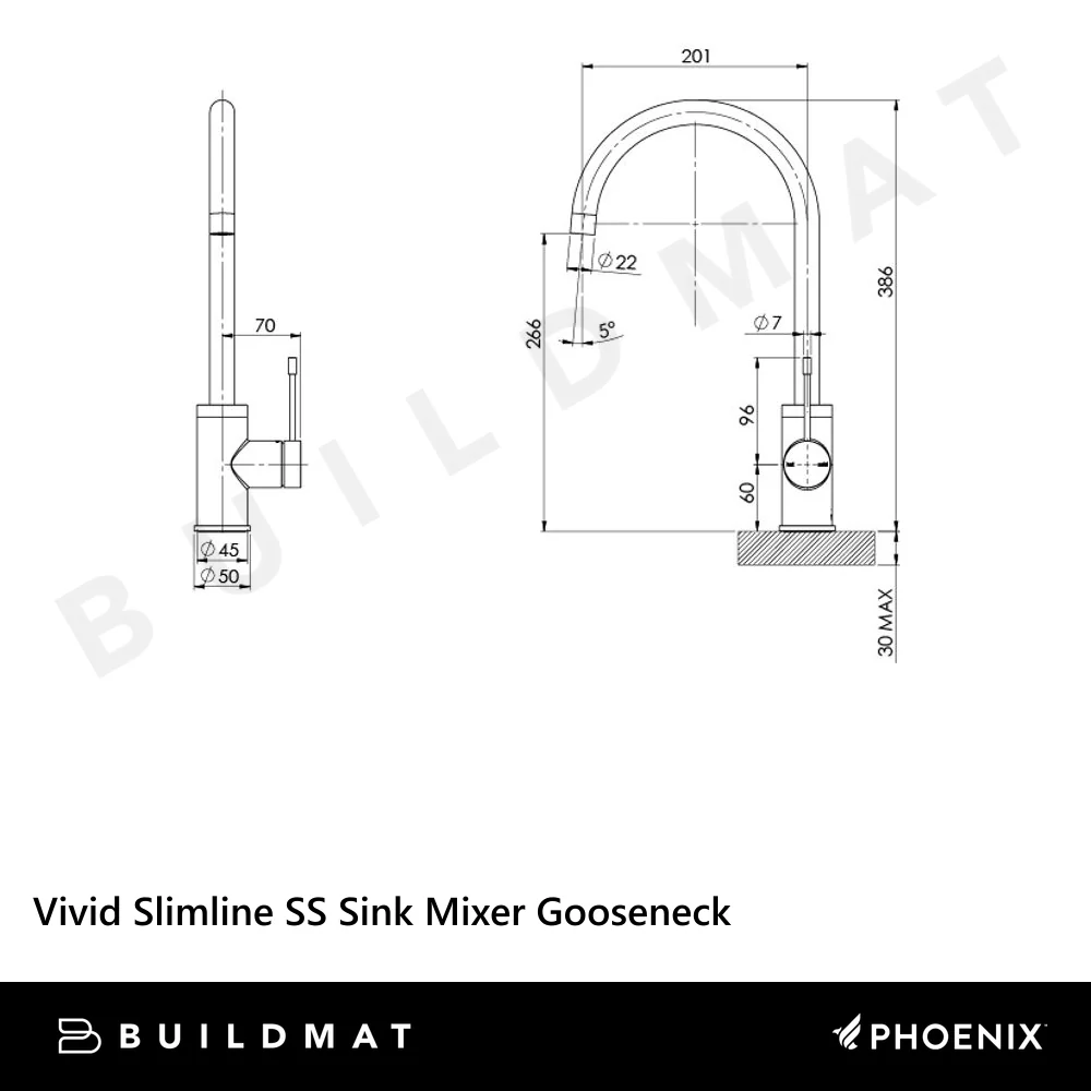 Phoenix Vivid Slimline SS 316 Sink Mixer 200mm Gooseneck Stainless Steel Lead Free - Image 4