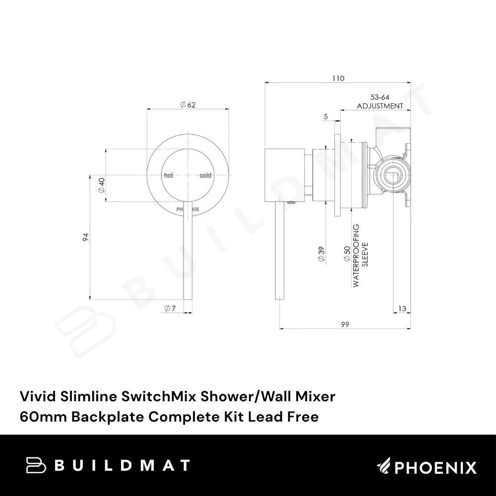 Phoenix Vivid Slimline SwitchMix Shower/Wall Mixer 60mm Backplate (Complete Kit) Matte Black Lead Free - Image 4