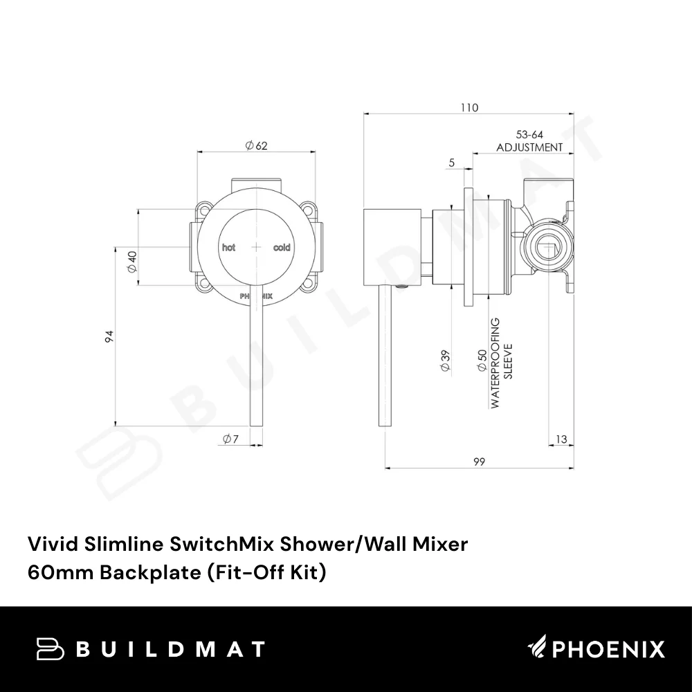 Phoenix Vivid Slimline SwitchMix Shower/Wall Mixer 60mm Backplate (Fit-Off Kit) Matte Black Lead Free - Image 4
