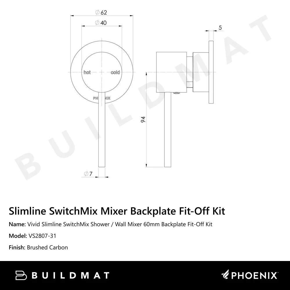 Phoenix Vivid Slimline SwitchMix Shower/Wall Mixer 60mm Backplate (Fit-Off Kit) Lead Free Brushed Carbon - Image 4