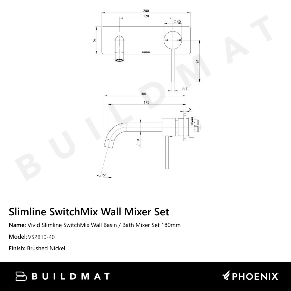 Phoenix Vivid Slimline SwitchMix Wall Basin / Bath Mixer Set 180mm (Complete Kit) Brushed Nickel - Image 4