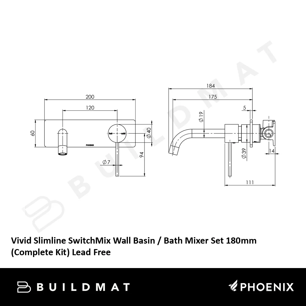Phoenix Vivid Slimline SwitchMix Wall Basin/Bath Mixer Set 180mm (Complete Kit) Lead Free Brushed Nickel - Image 4