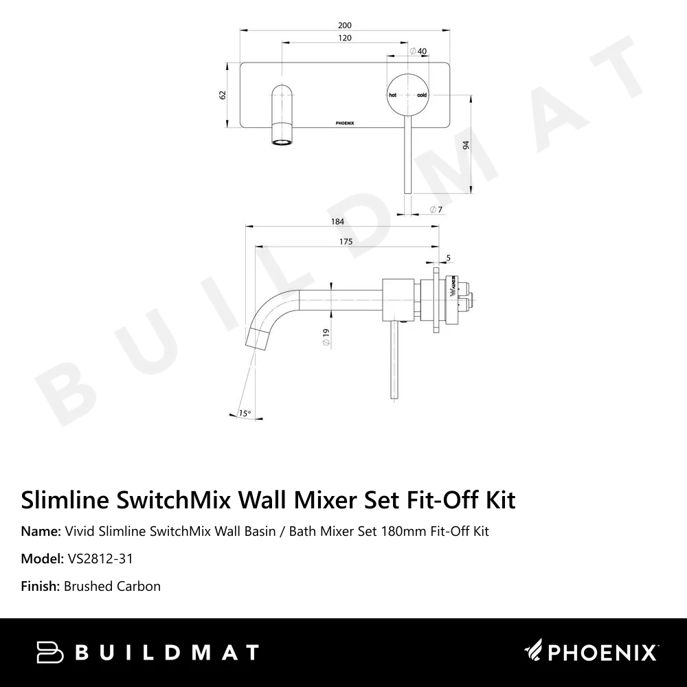 Phoenix Vivid Slimline SwitchMix Wall Basin / Bath Mixer Set 180mm Fit-Off Kit Brushed Carbon - Image 4