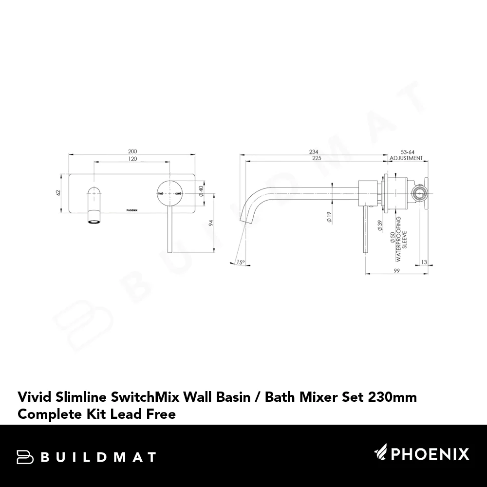 Phoenix Vivid Slimline SwitchMix Wall Basin/Bath Mixer Set 230mm (Complete Kit) Lead Free Brushed Carbon - Image 4