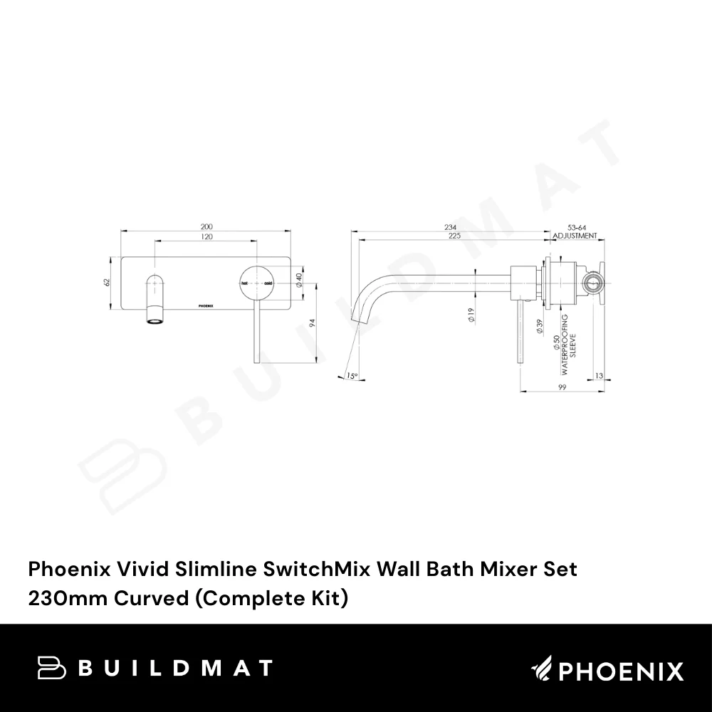 Phoenix Vivid Slimline SwitchMix Wall Bath Mixer Set 230mm Curved (Complete Kit) Matte Black - Image 4