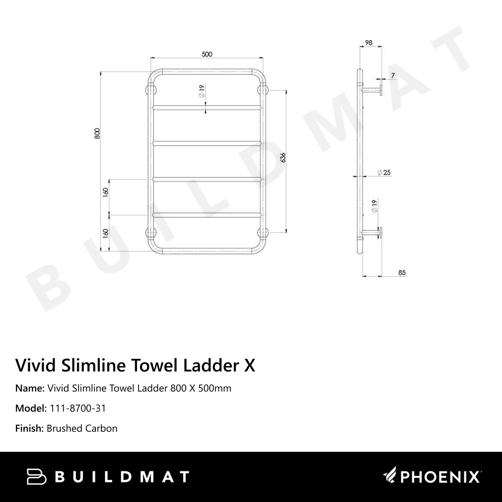 Phoenix Vivid Slimline Towel Ladder 800 X 500mm Brushed Carbon - Image 4
