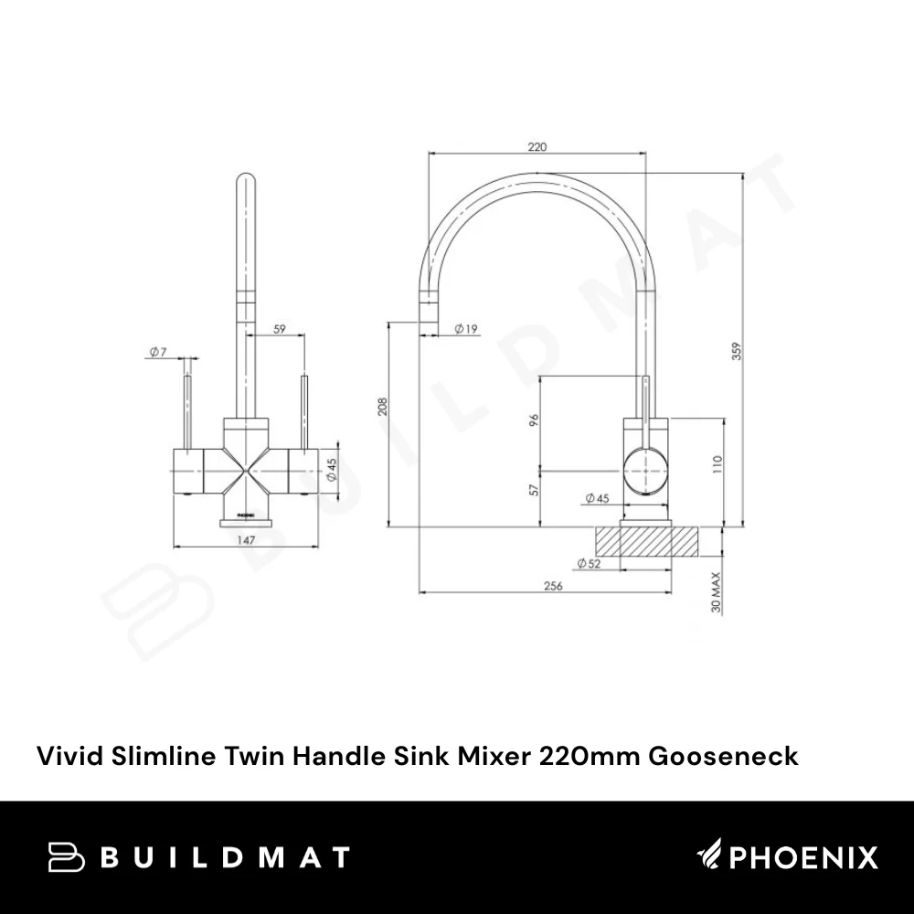 Phoenix Vivid Slimline Twin Handle Sink Mixer 220mm Gooseneck Chrome Lead Free - Image 4
