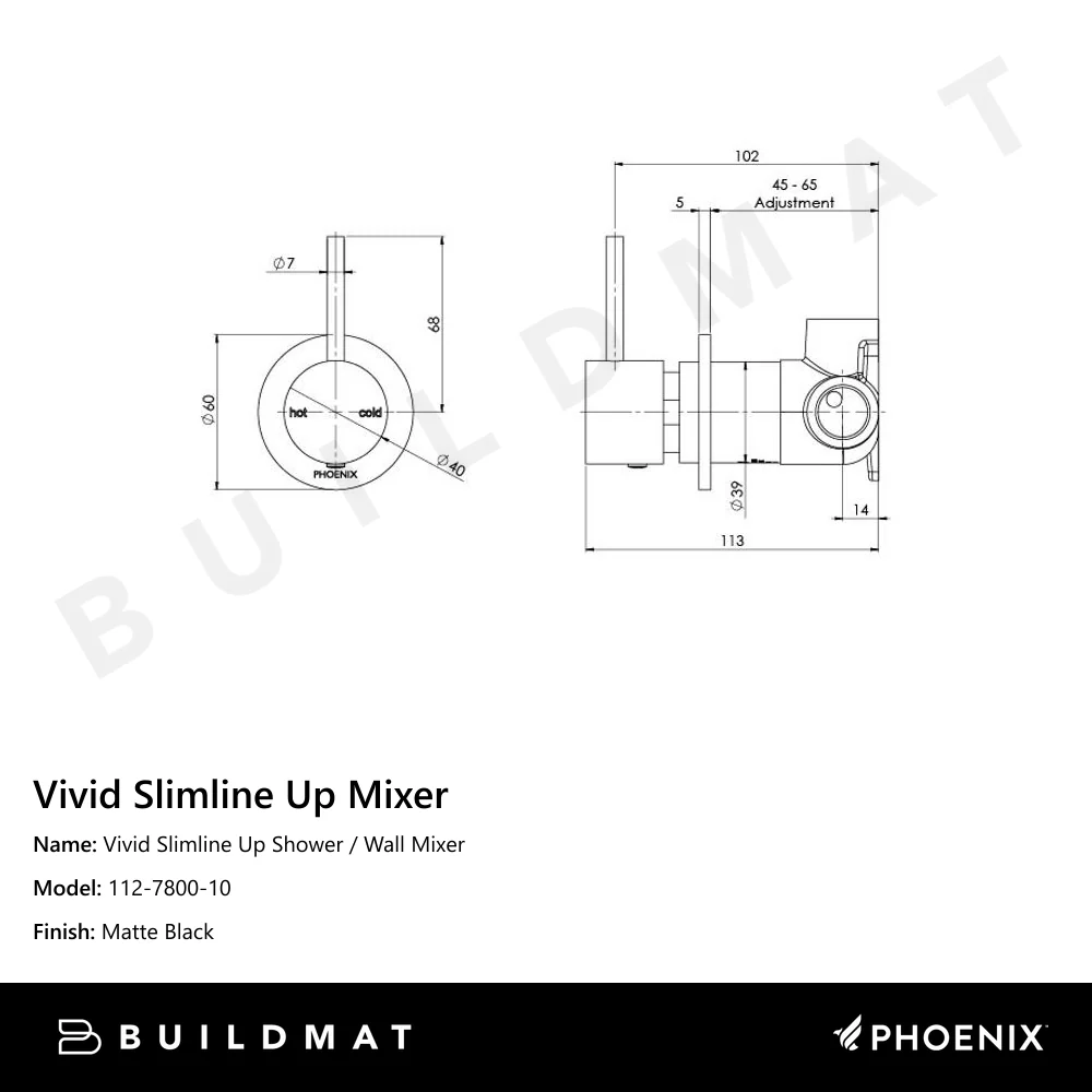 Phoenix Vivid Slimline Up Shower / Wall Mixer Matte Black - Image 4