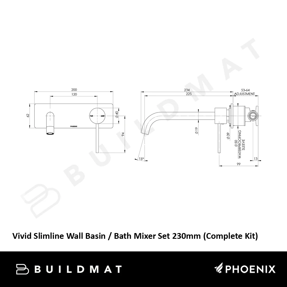 Phoenix Vivid Slimline Wall Basin/Bath Mixer Set 230mm (Complete Kit) Brushed Nickel Lead Free - Image 4