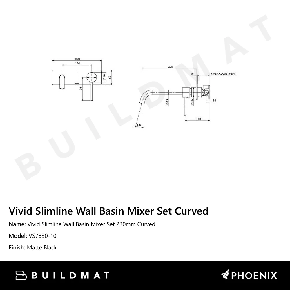 Phoenix Vivid Slimline Wall Basin Mixer Set 230mm Curved Matte Black - Image 4