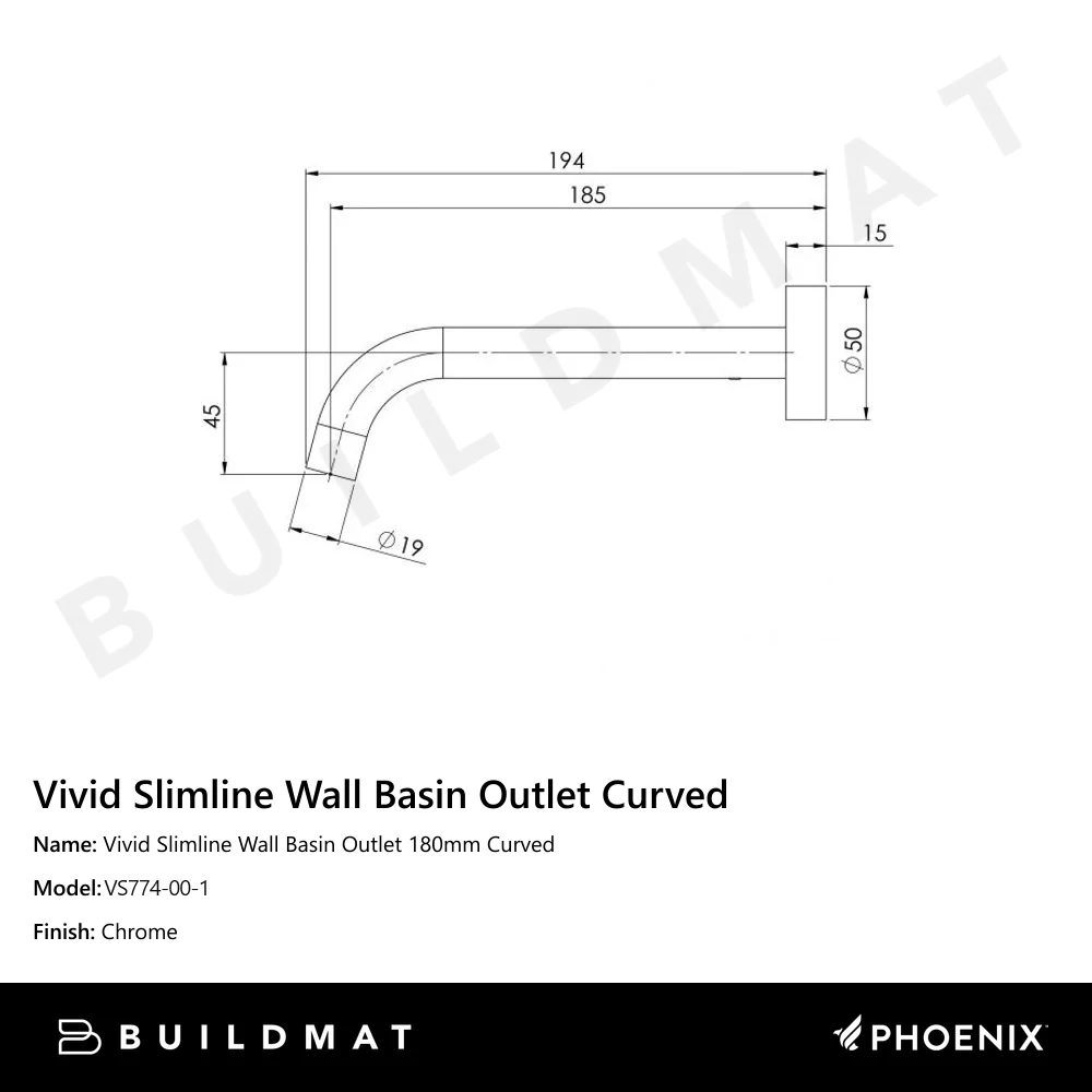 Phoenix Vivid Slimline Wall Basin Outlet 180mm Curved Lead Free Chrome - Image 4