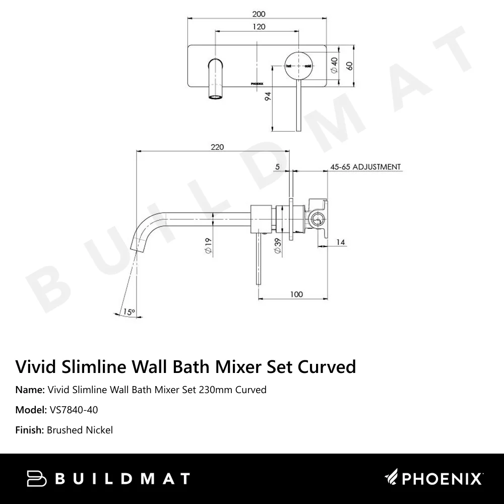 Phoenix Vivid Slimline Wall Bath Mixer Set 230mm Curved Brushed Nickel - Image 4