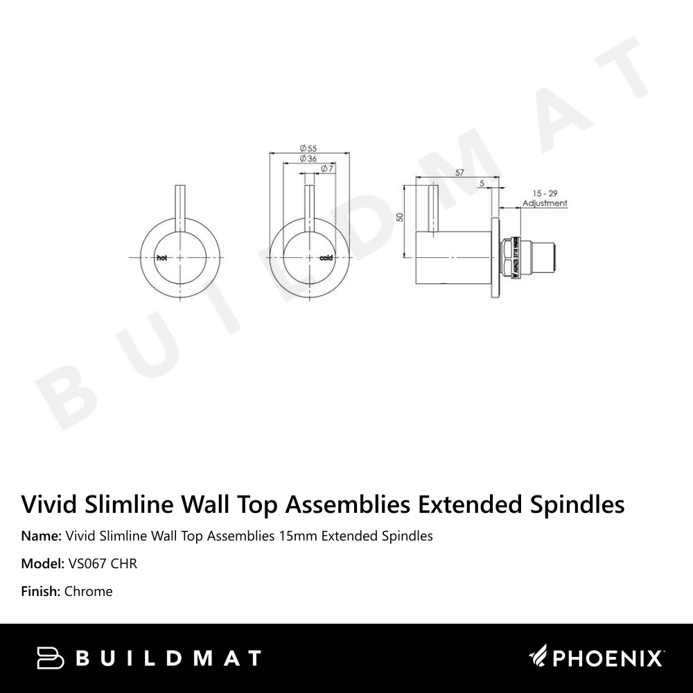 Phoenix Vivid Slimline Wall Top Assemblies 15mm Extended Spindles Chrome - Image 4