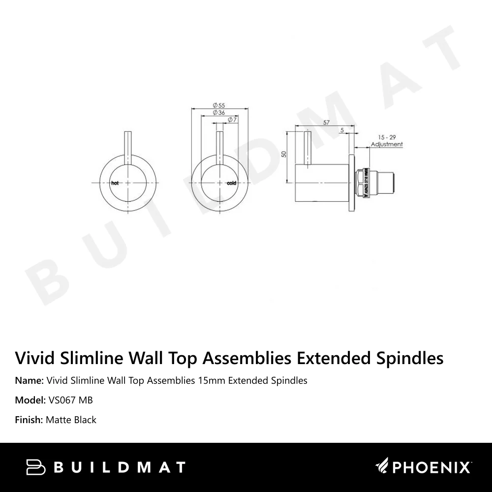Phoenix Vivid Slimline Wall Top Assemblies 15mm Extended Spindles Matte Black - Image 4