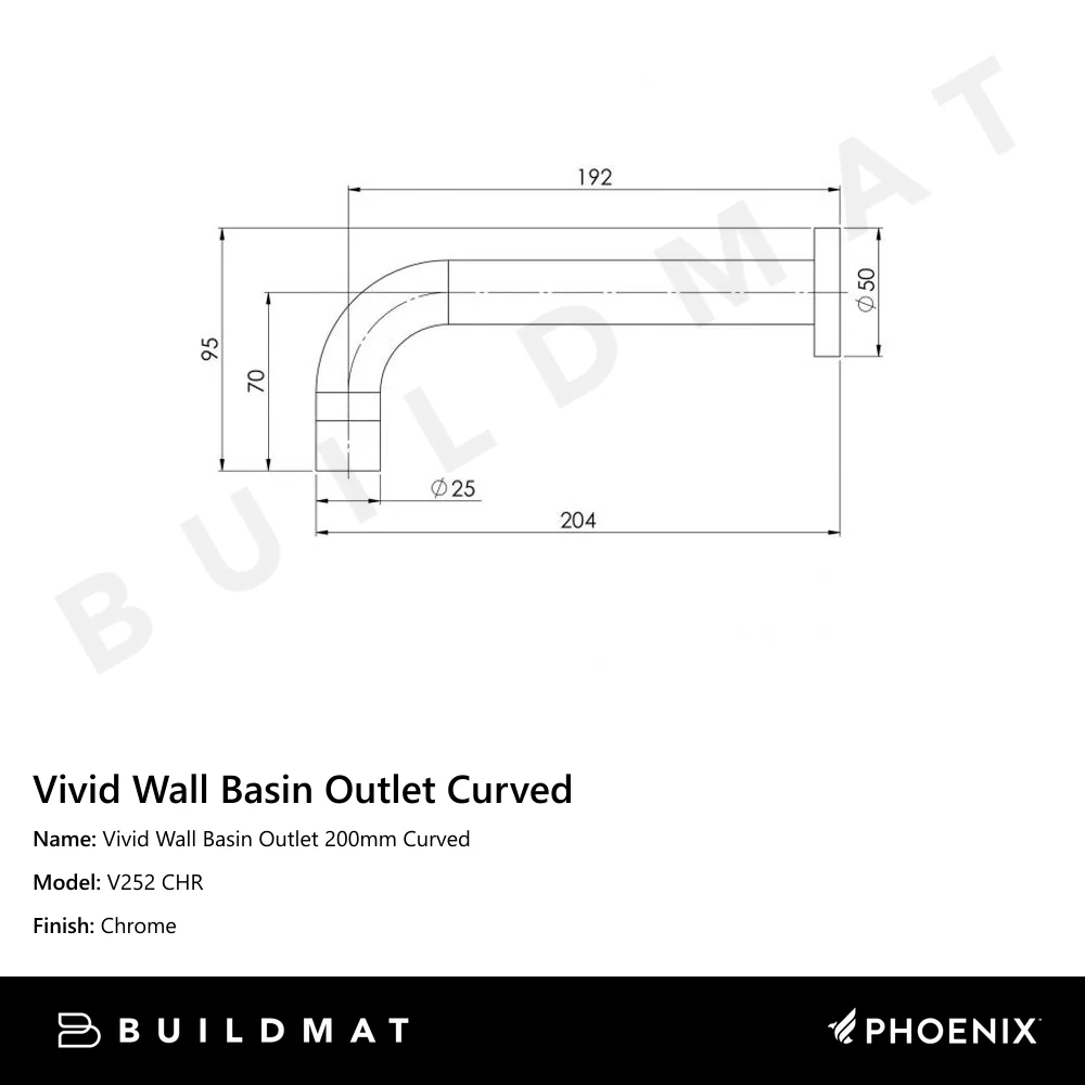 Phoenix Vivid Wall Basin Outlet 200mm Curved Chrome - Image 4