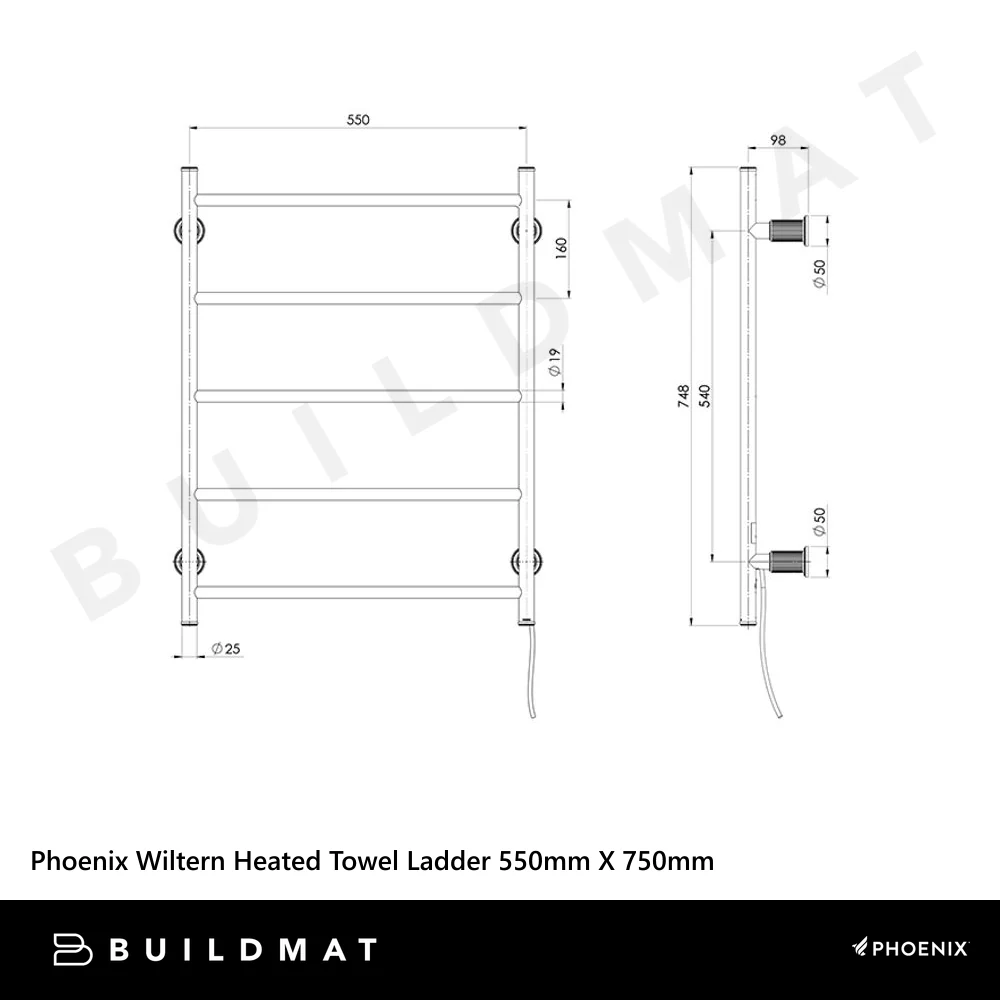 Phoenix Wiltern Heated Towel Ladder 550mm X 750mm Chrome - Image 4