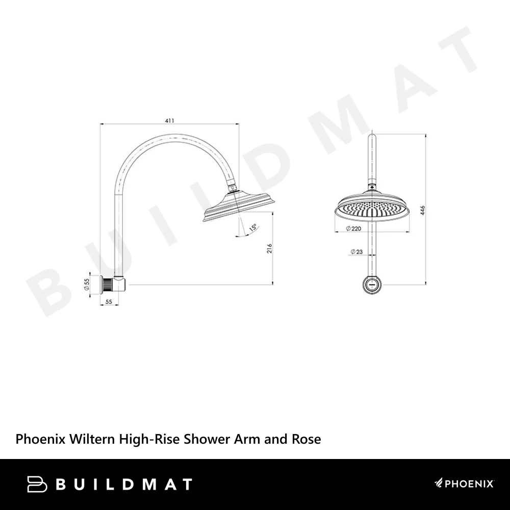Phoenix Wiltern High-Rise Shower Arm and Rose Brushed Carbon - Image 4