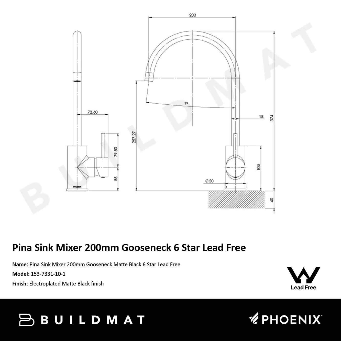 Phoenix Pina Sink Mixer 200mm Gooseneck 6 Star Lead Free Matte Black - Image 4
