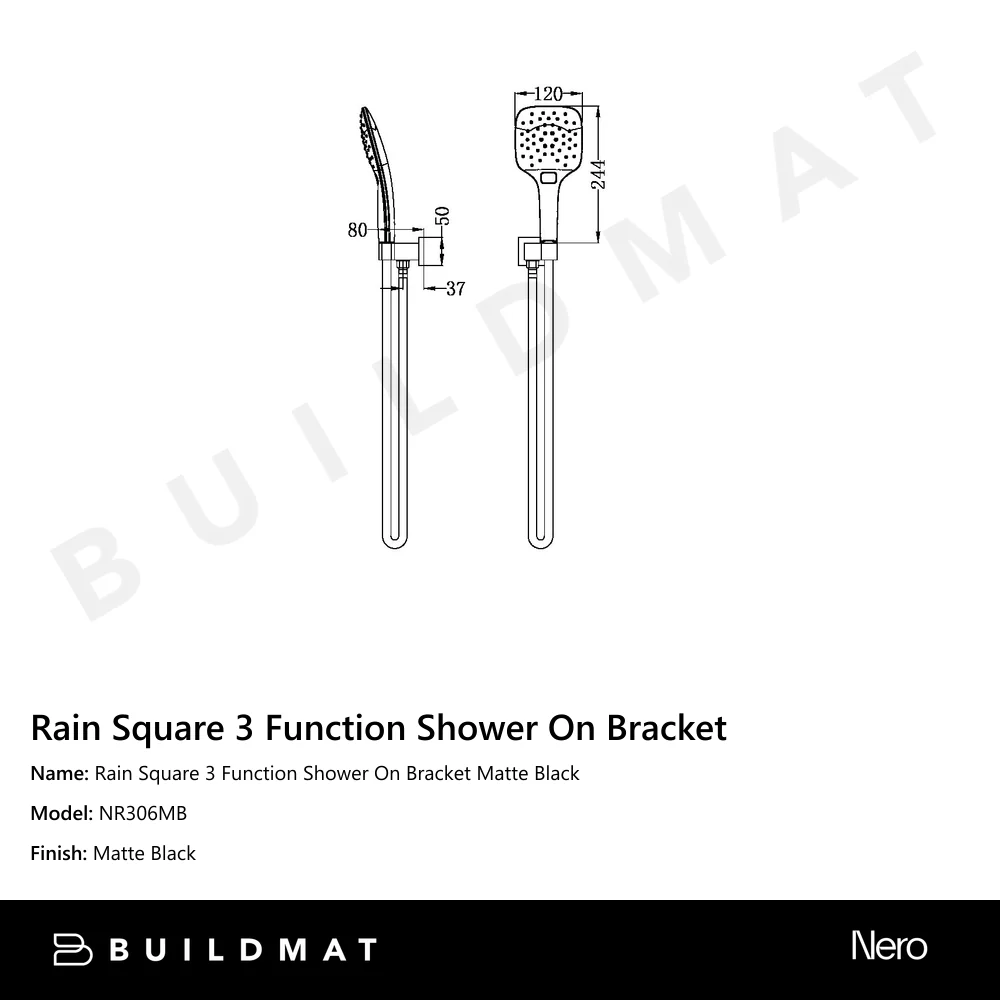 Nero Rain Square 3 Function Shower On Bracket Matte Black - Image 4