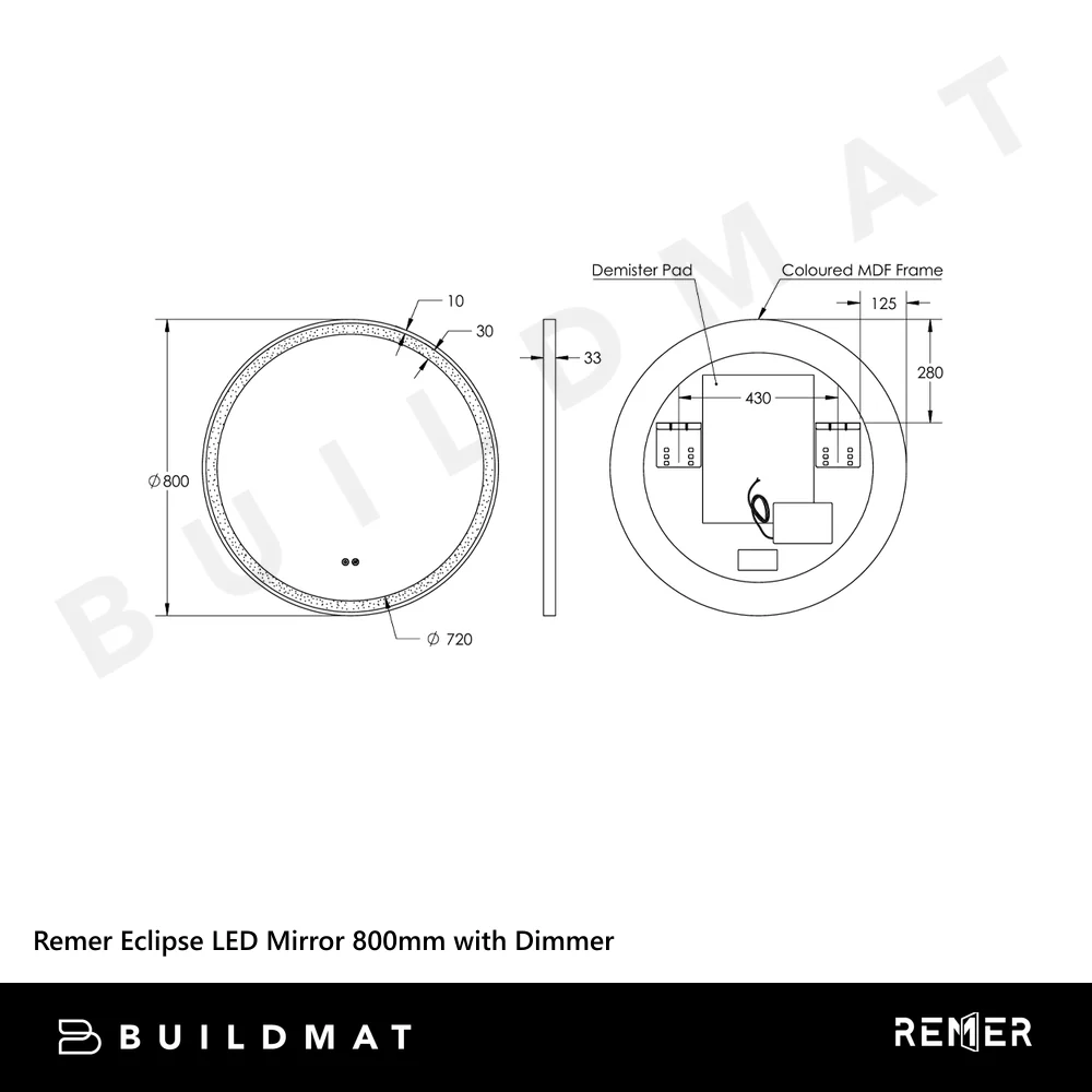Remer Eclipse LED Mirror 800mm Manhattan Black with Dimmer - Image 4