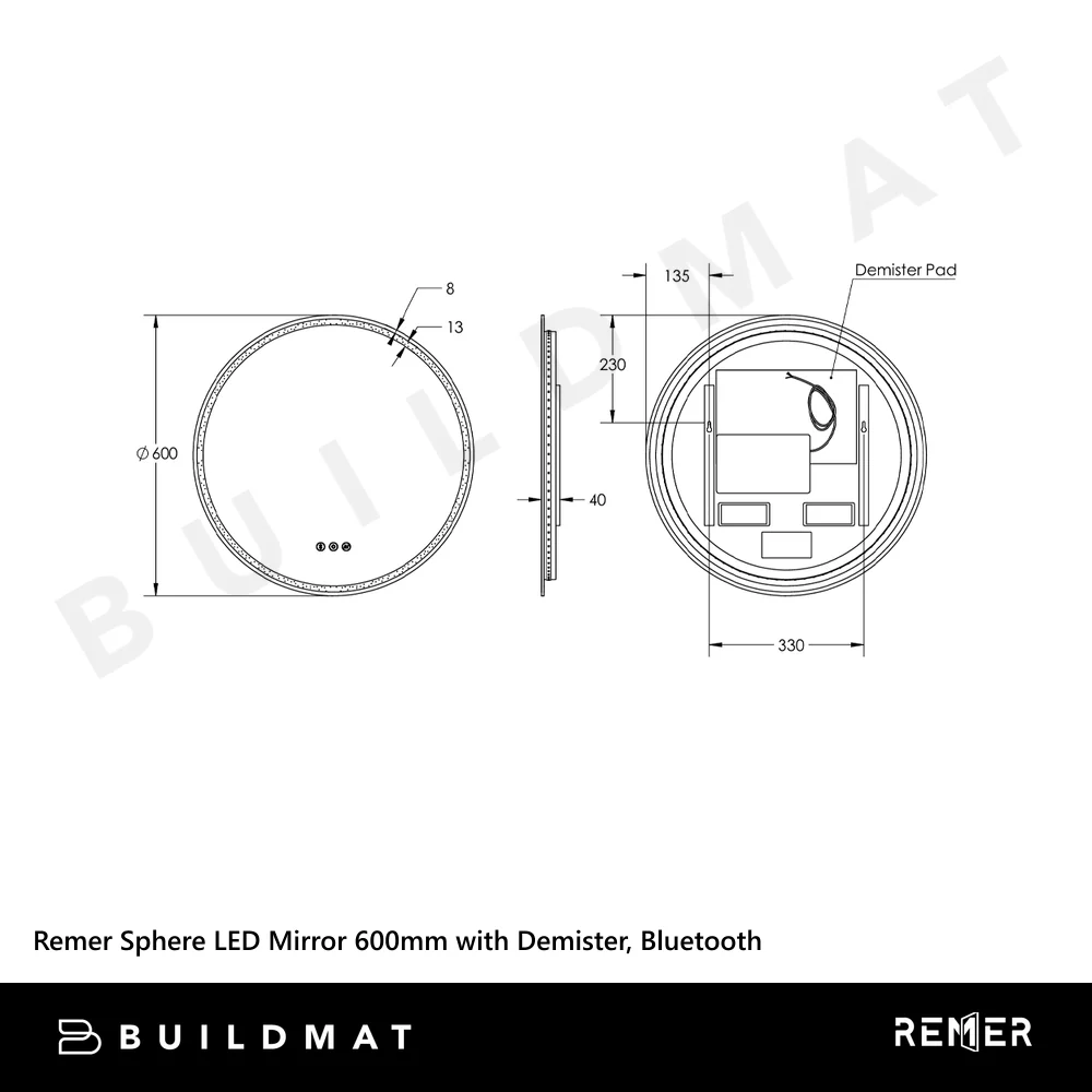 Remer Sphere LED Mirror 600mm Brits Nickel - Image 6