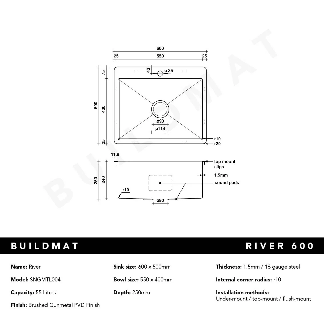 Alma River 600x500 Medium Single Bowl Tap Landing Sink Brushed Gunmetal - Image 5