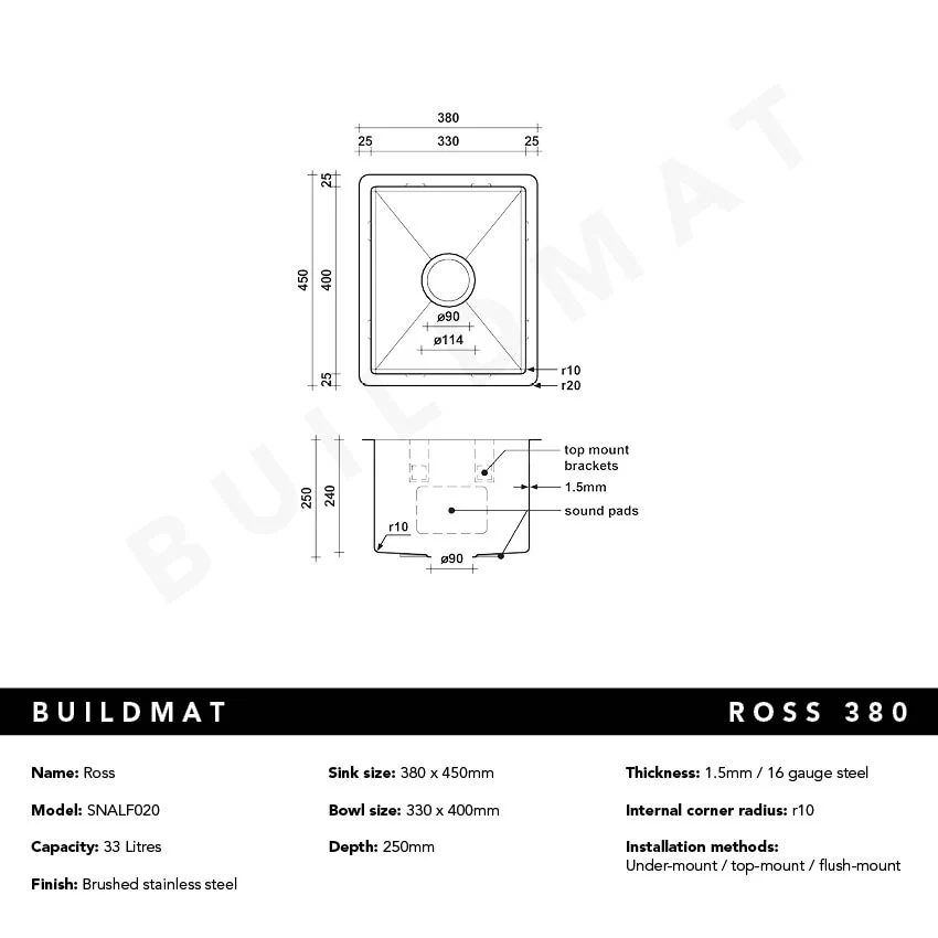 Alma Ross 380x450 Alfresco 316 Stainless Steel Sink - Image 5
