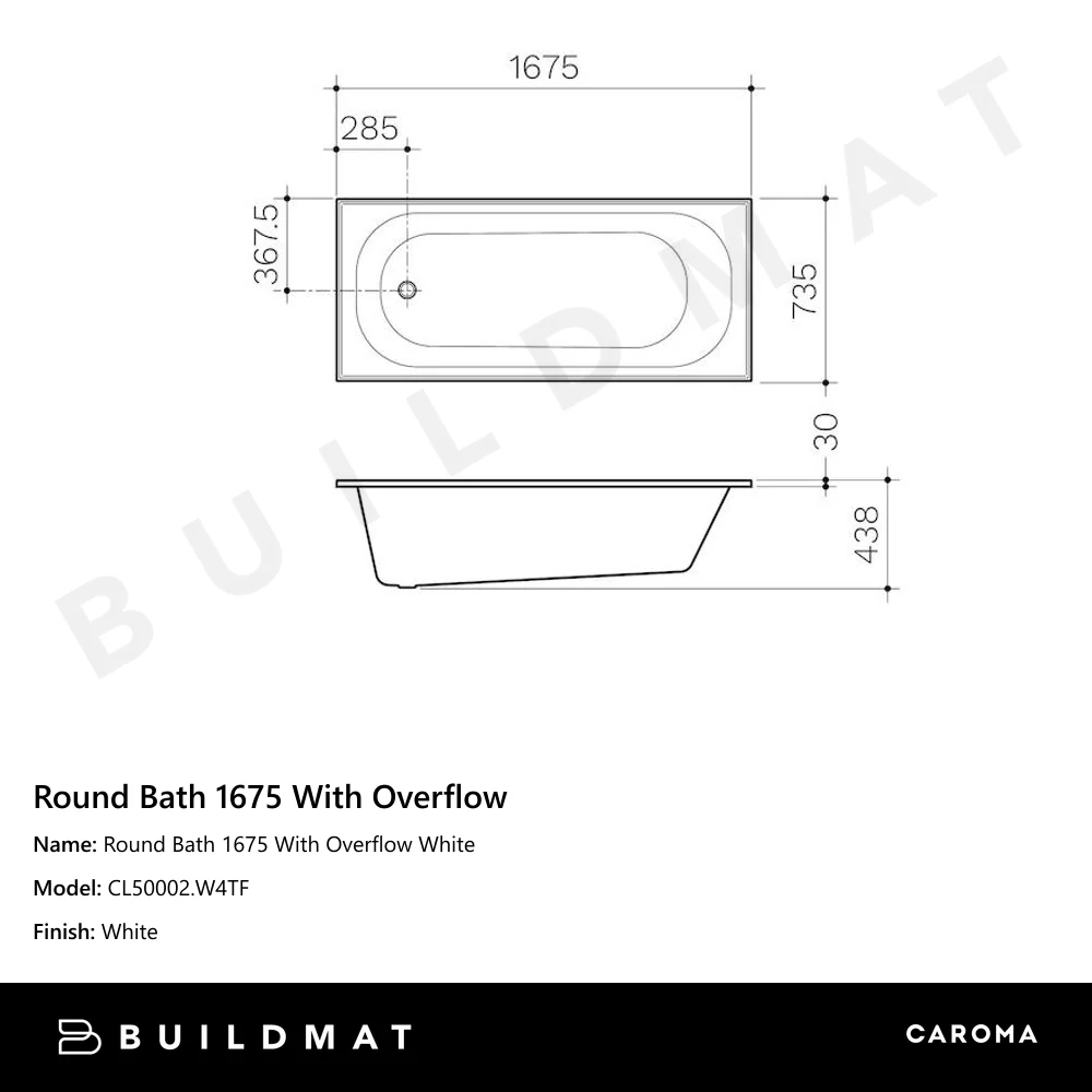 Caroma Round Bath 1675 With Overflow White - Image 4