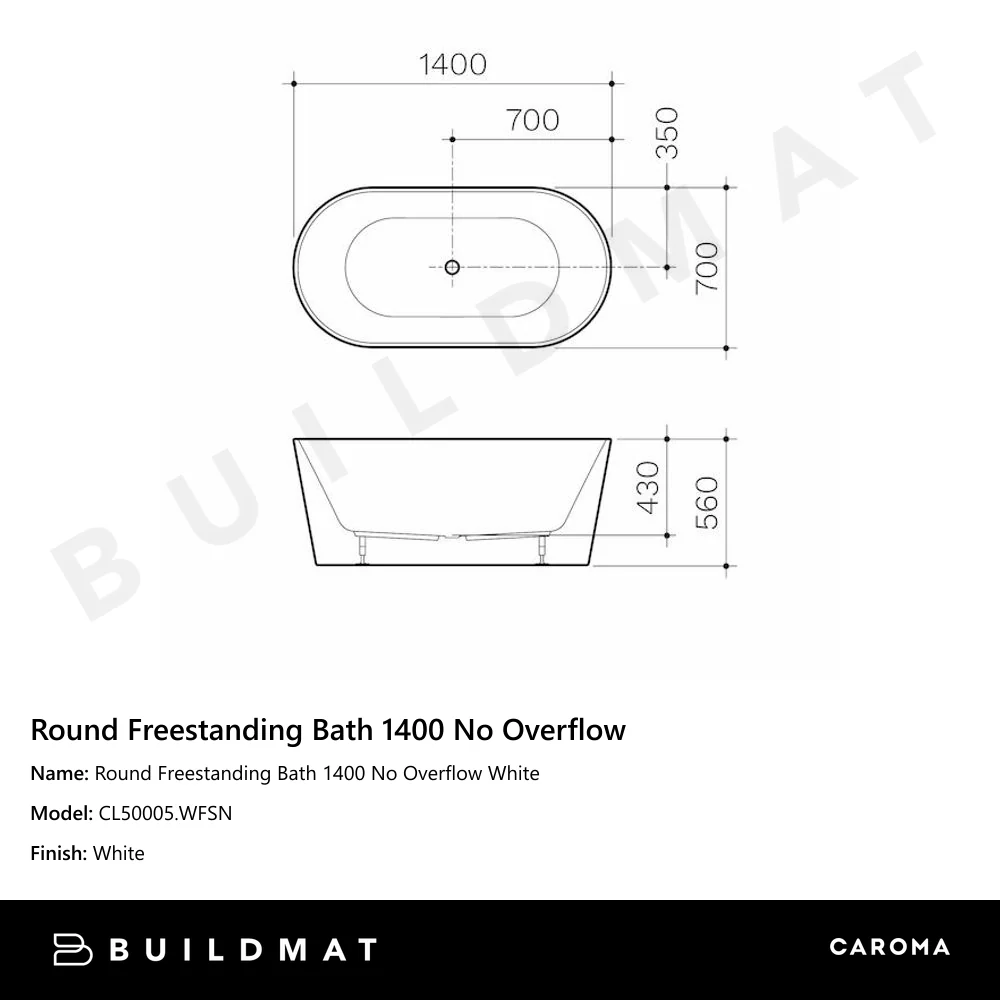 Caroma Round Freestanding Bath 1400 No Overflow White - Image 4