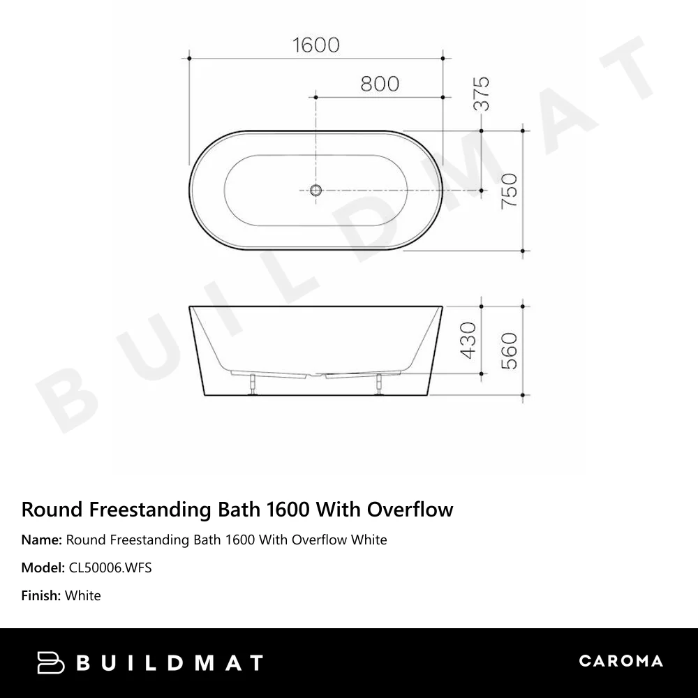Caroma Round Freestanding Bath 1600 With Overflow White - Image 4