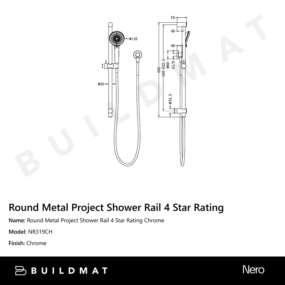 Nero Round Metal Project Shower Rail 4 Star Rating Chrome - Image 4