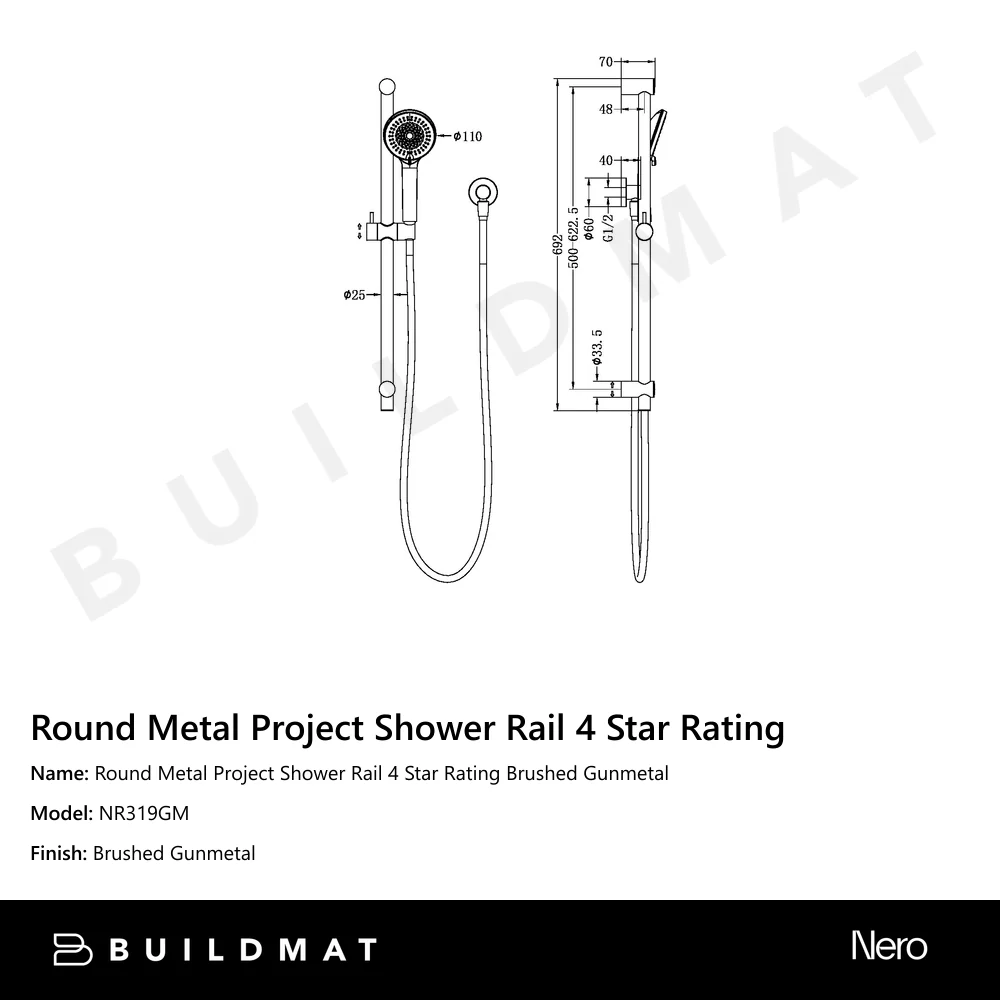 Nero Round Metal Project Shower Rail 4 Star Rating Gun Metal - Image 4