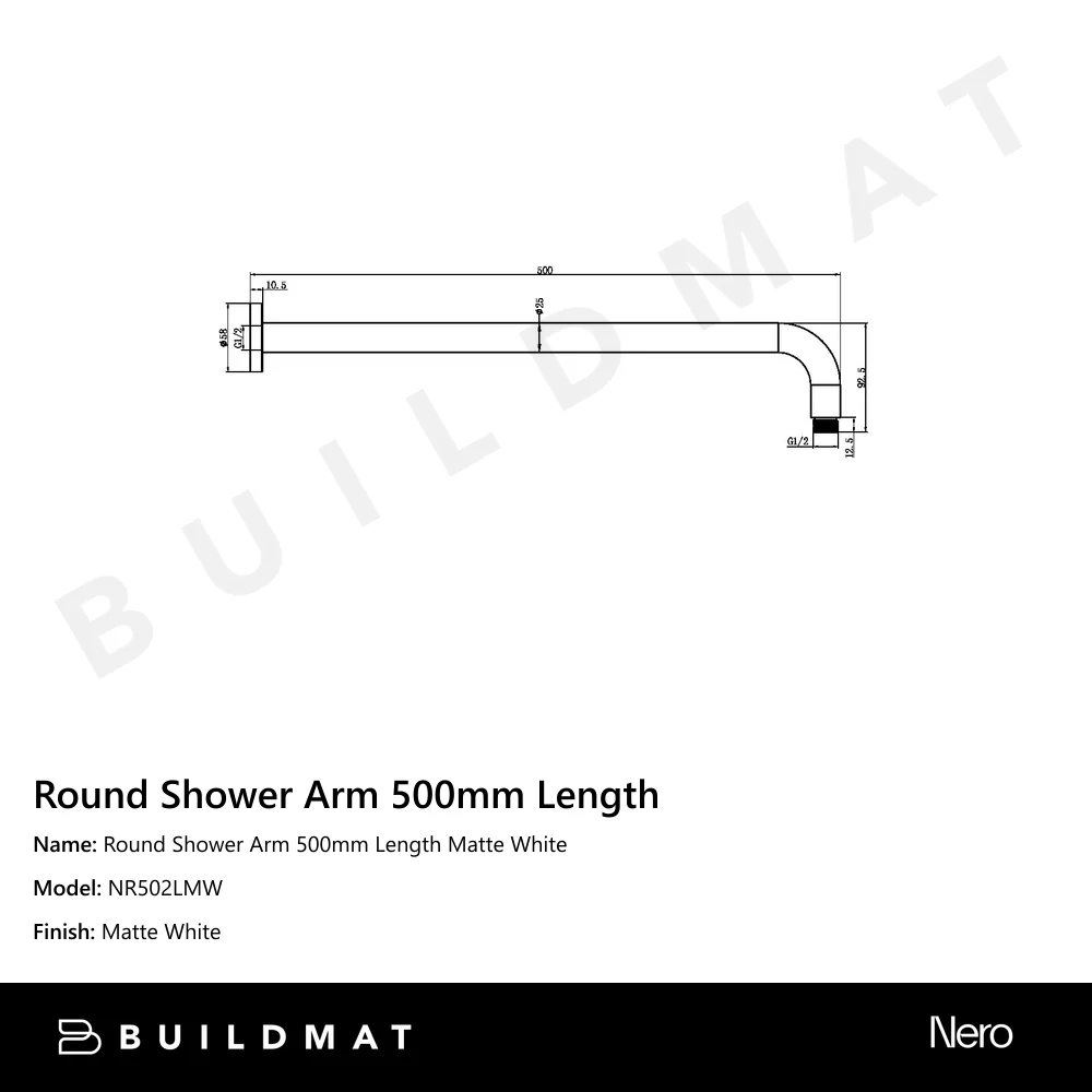 Nero Round Shower Arm 500mm Length Matte White - Image 4