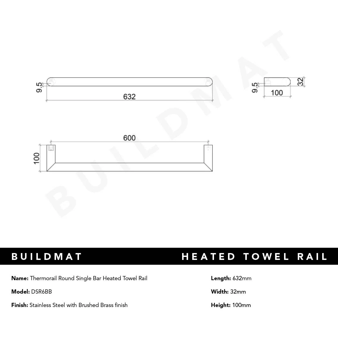 Thermogroup Round Single Bar Heated Towel Rail Brushed Brass - Image 4