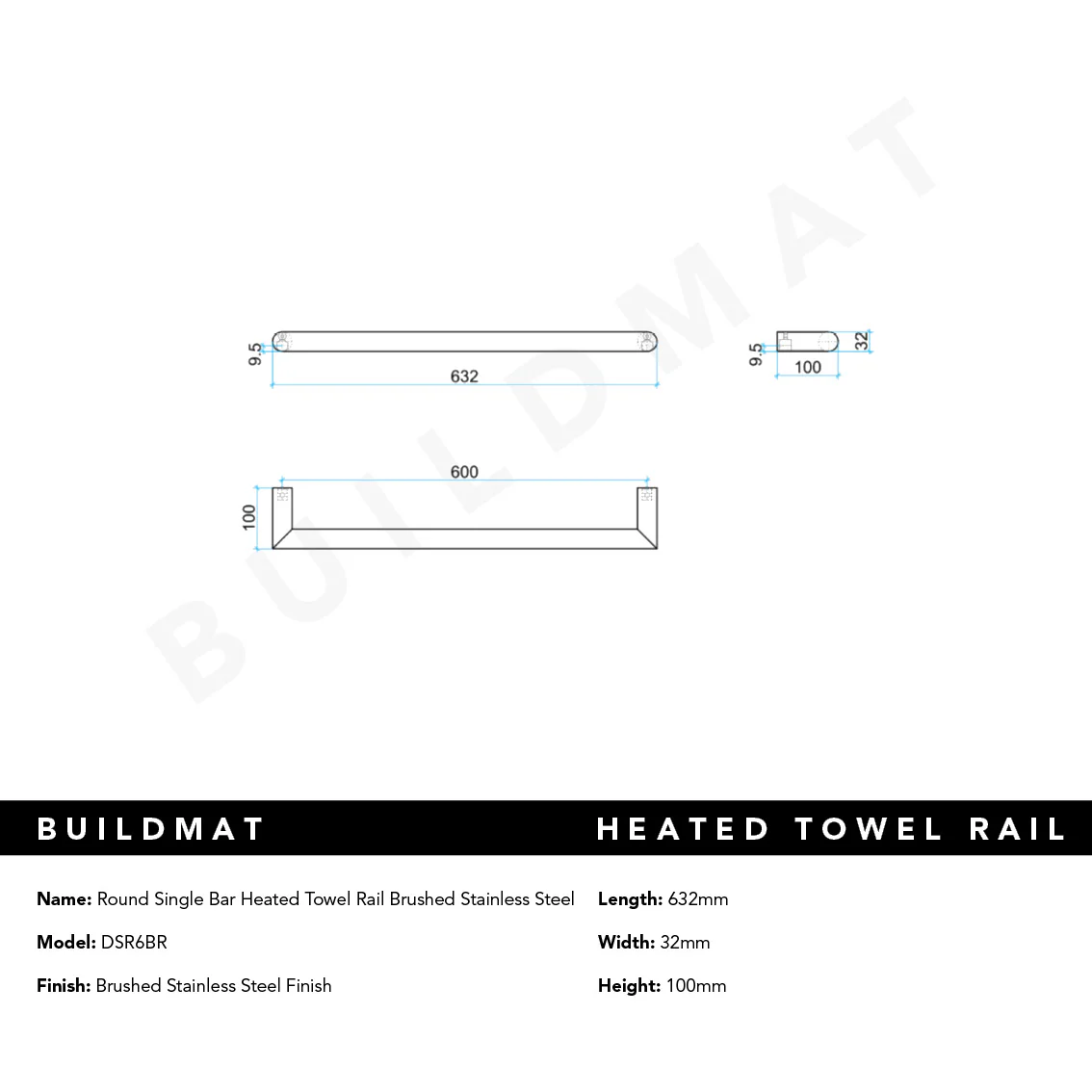 Thermogroup Round Single Bar Heated Towel Rail Brushed Stainless Steel - Image 4