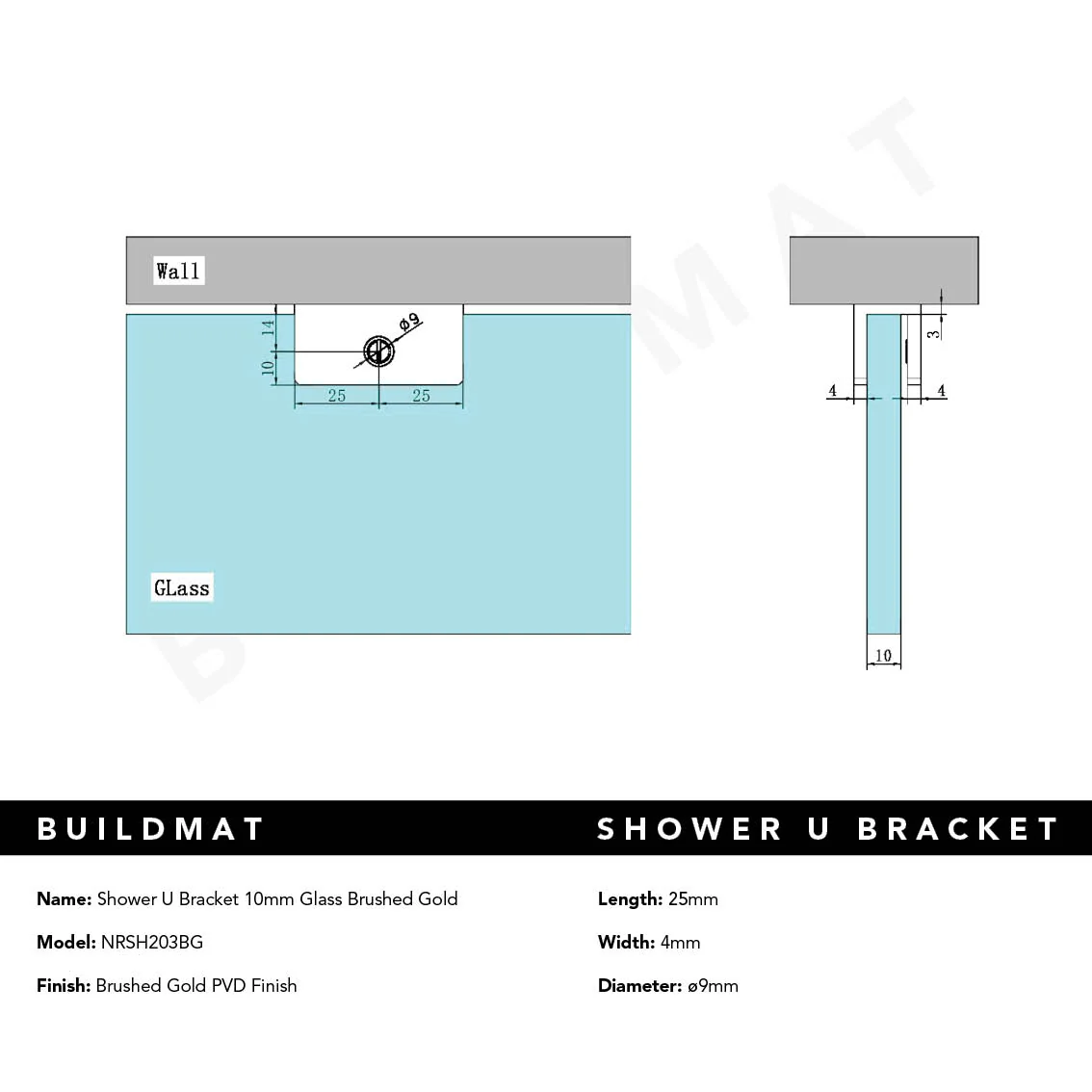 Nero Shower U Bracket 10mm Glass Brushed Gold - Image 4