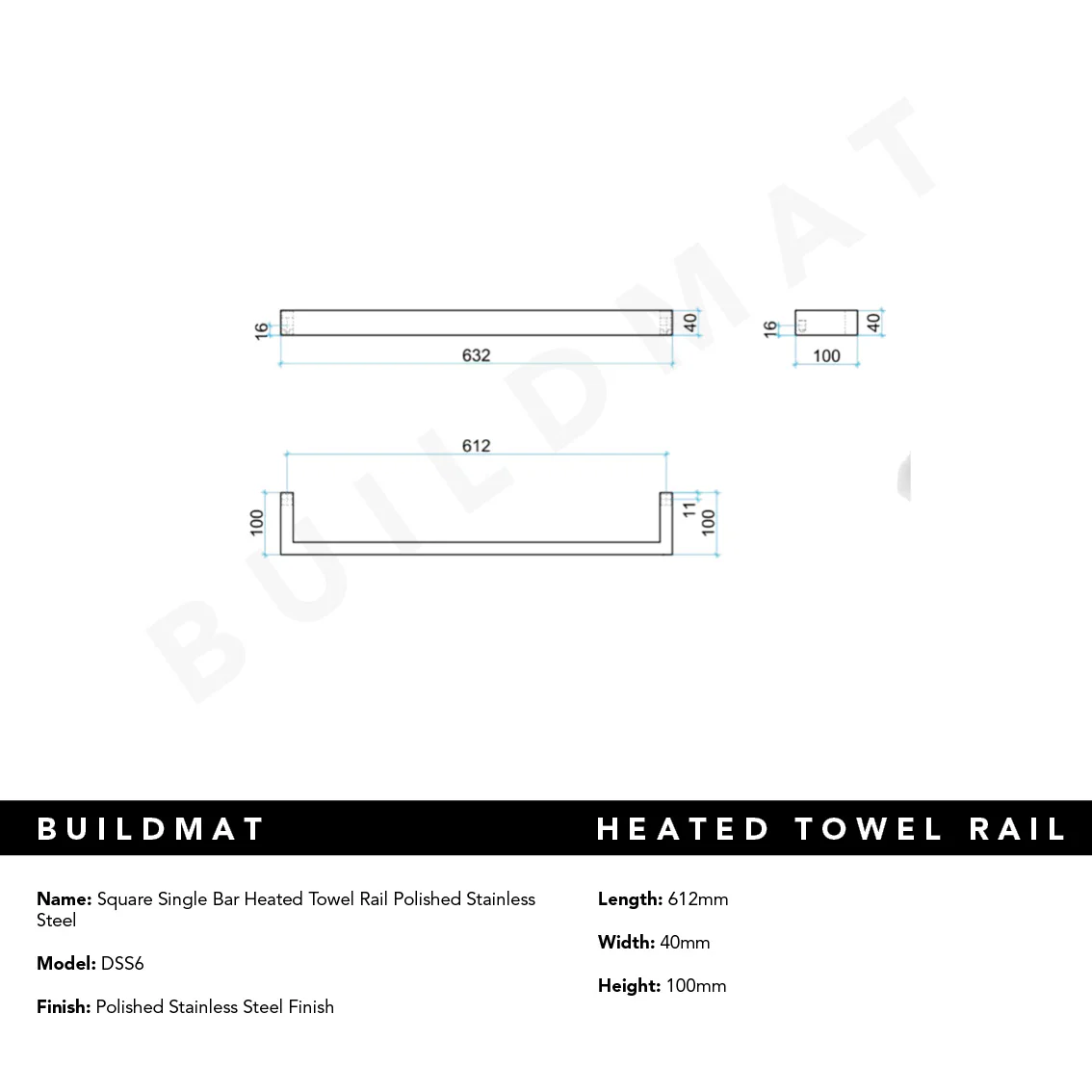 Thermogroup Square Single Bar Heated Towel Rail Polished Stainless Steel - Image 4