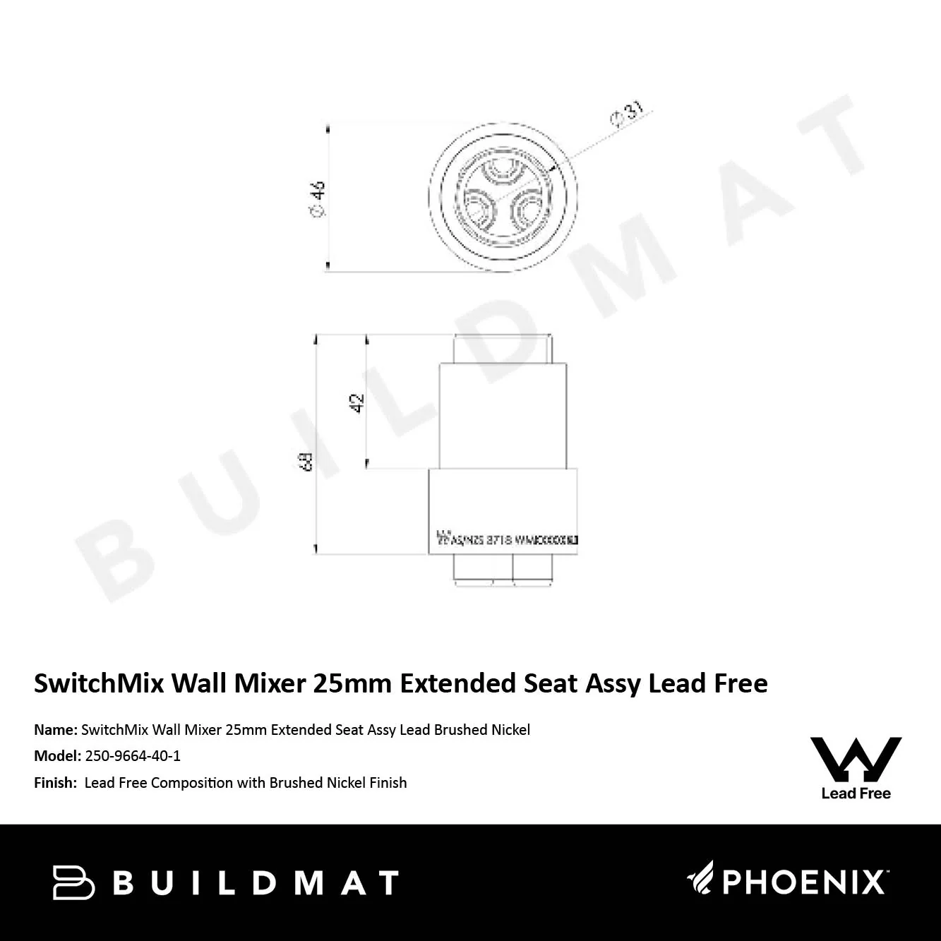 Phoenix SwitchMix Wall Mixer 25mm Extended Seat Assy Lead Free Brushed Nickel - Image 4