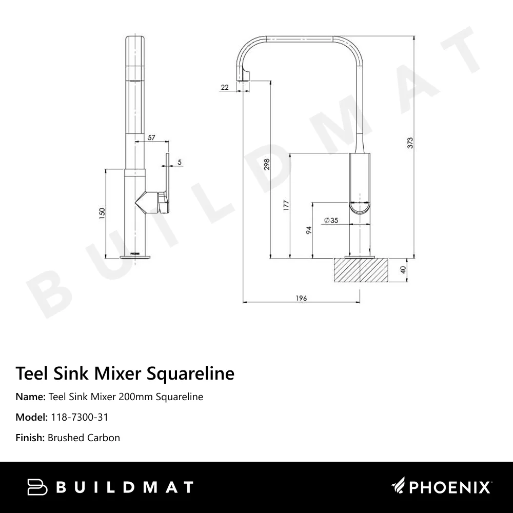 Phoenix Teel Sink Mixer 200mm Squareline Brushed Carbon - Image 4