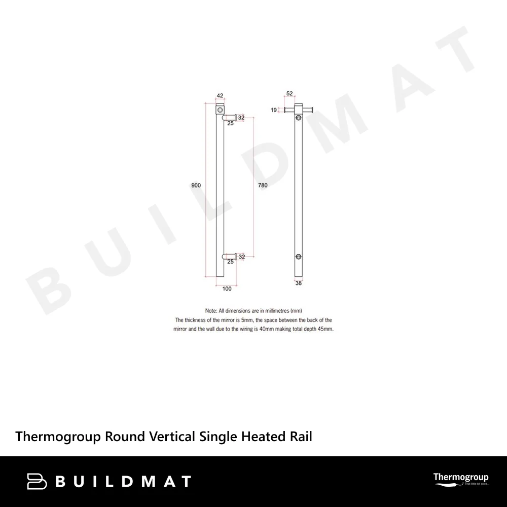 Thermogroup Round 240Volt Vertical Single 22Watts Heated Rail Matt White - Image 4