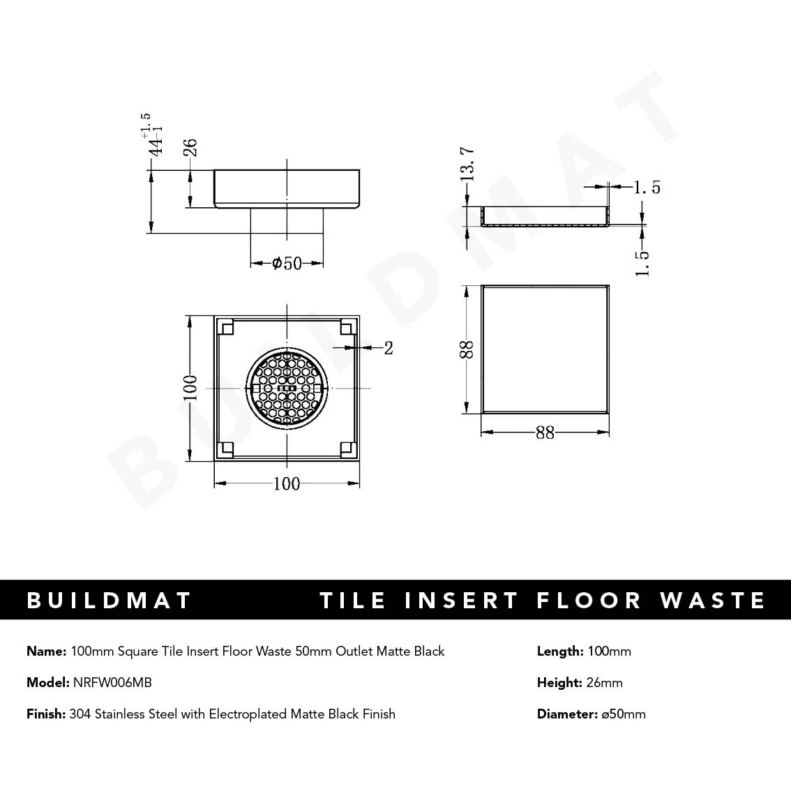 Nero Tile Insert Floor Waste 50mm Outlet Matte Black - Image 5