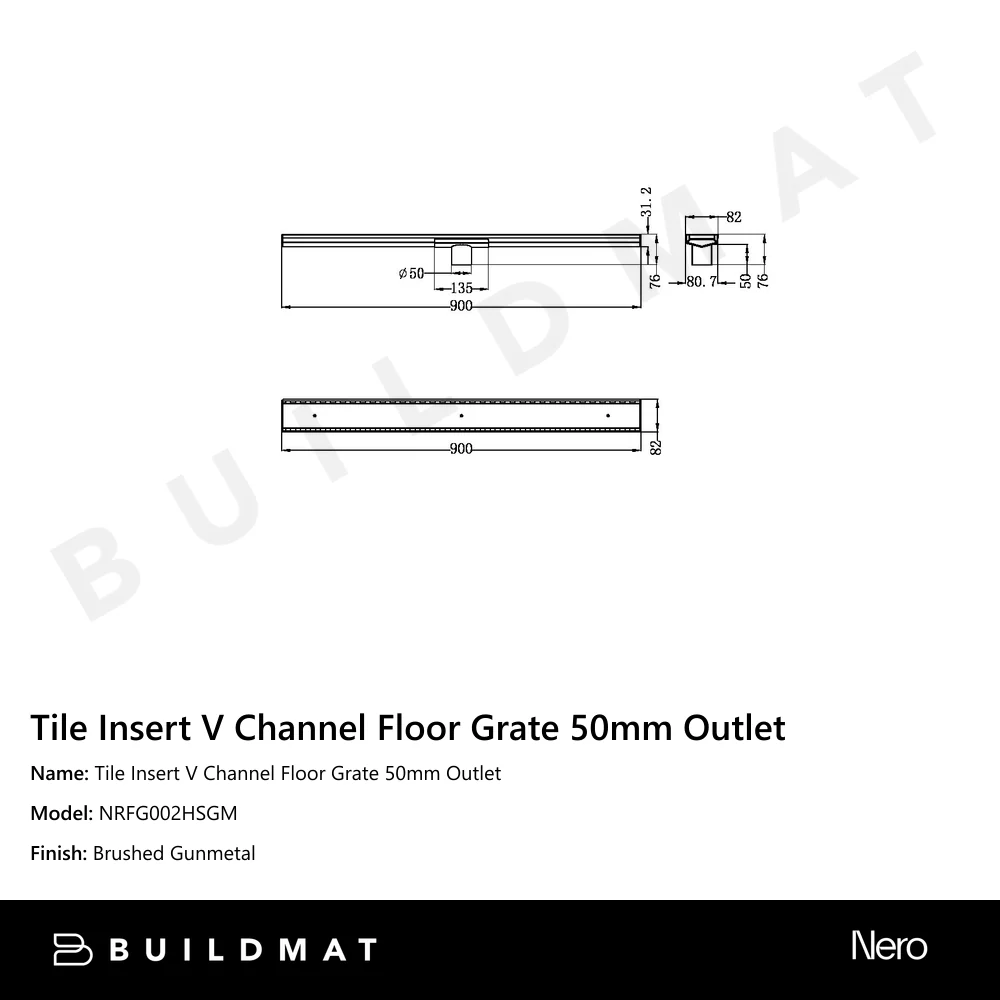 Nero Tile Insert V Channel 900x82mm Floor Grate 50mm Outlet Gunmetal - Image 4