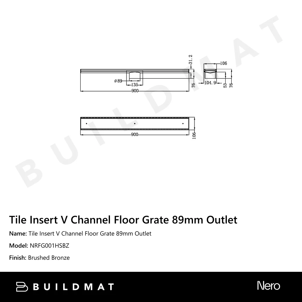 Nero Tile Insert V Channel 900x106mm Floor Grate 90mm Outlet Brushed Bronze - Image 4