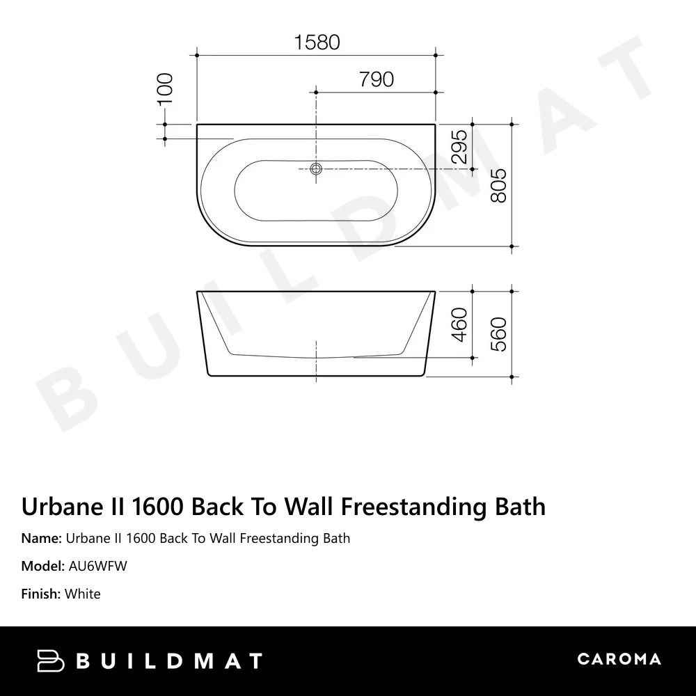 Caroma Urbane II 1600 Back To Wall Freestanding Bath - Image 4