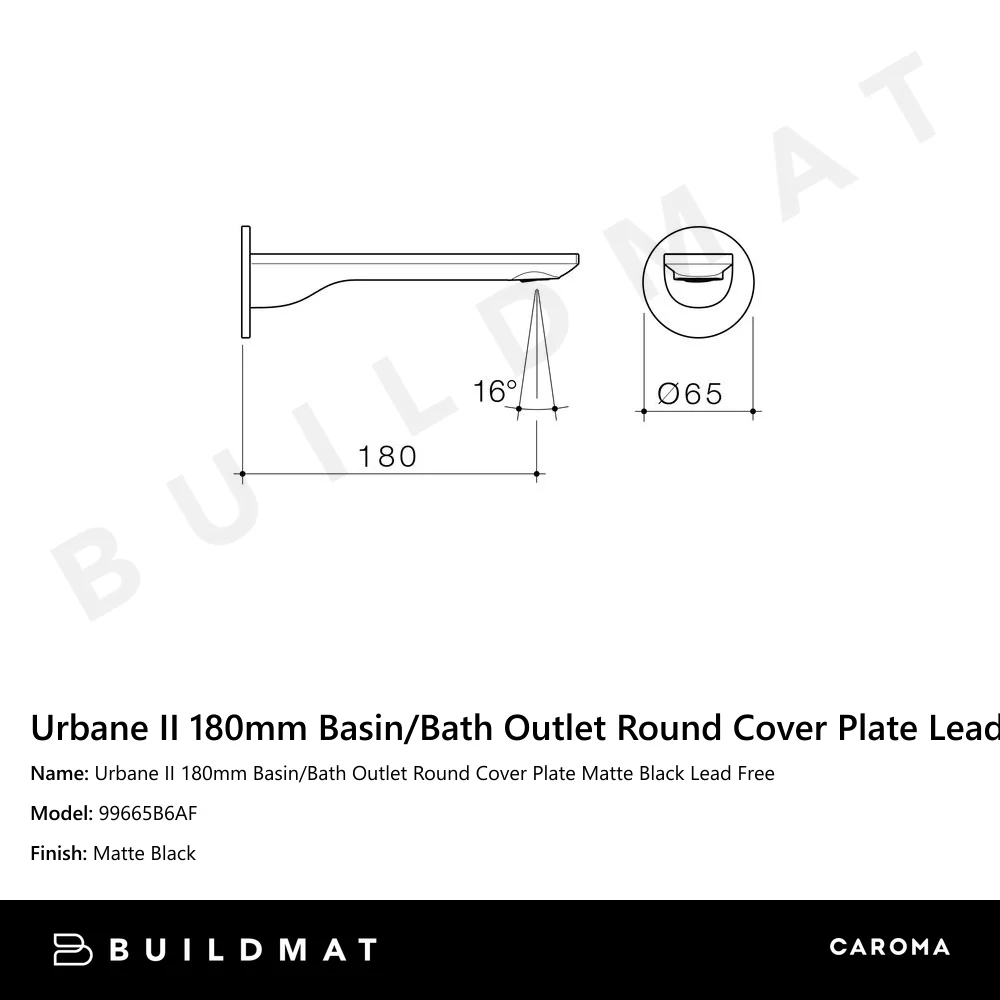 Caroma Urbane II 180mm Basin/Bath Outlet Round Cover Plate Lead Free Matte Black - Image 4