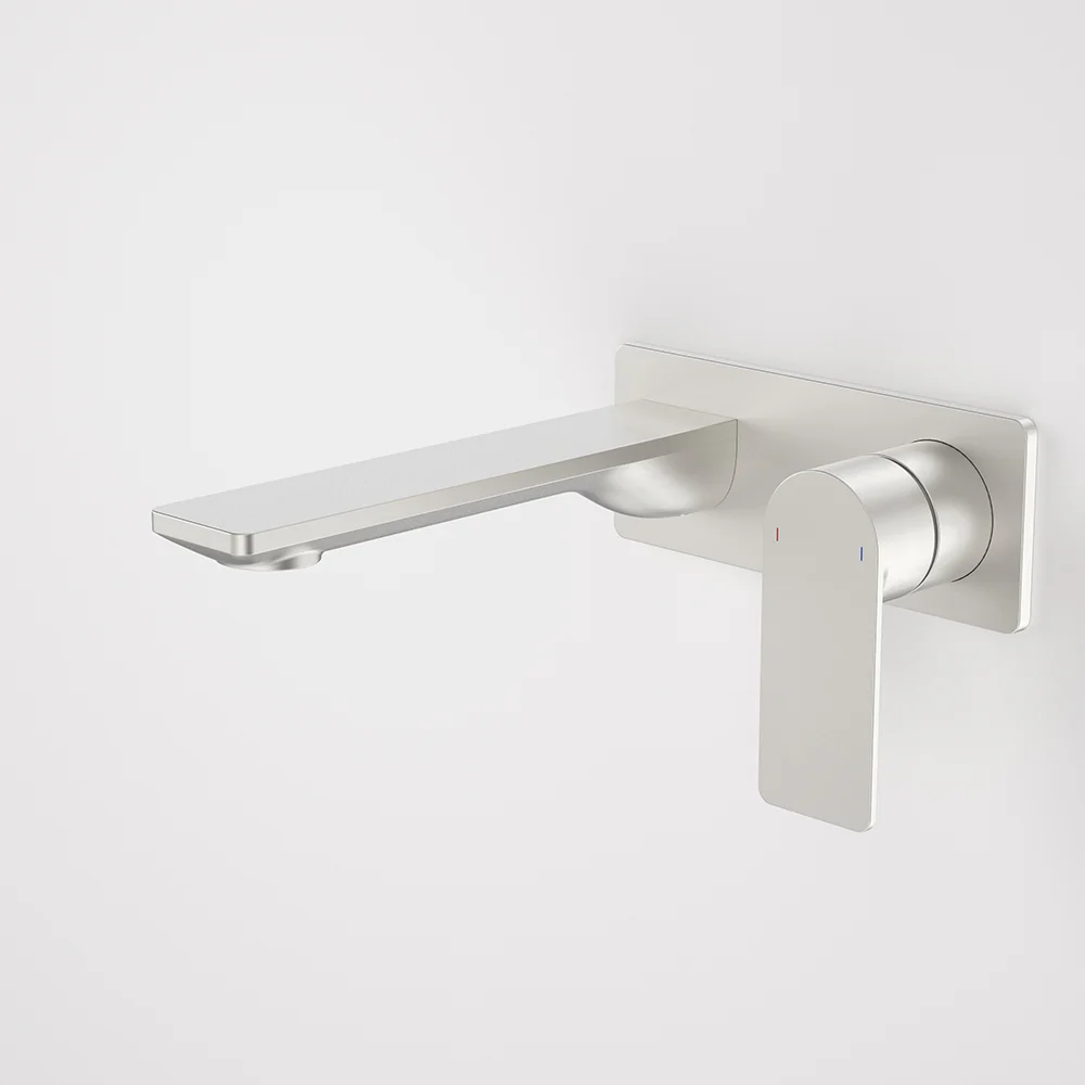 Caroma Urbane II 180mm Wall Basin/Bath Mixer and Outlet Rectangular Plate Lead Free Brushed Nickel - Image 2