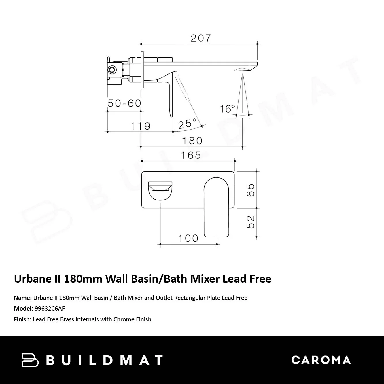 Caroma Urbane II 180mm Wall Basin/Bath Mixer and Outlet Rectangular Plate Lead Free Chrome - Image 4
